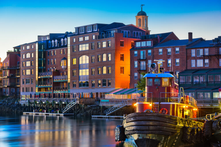 Historic Portsmouth, New Hampshire waterfront scene and architecture at dusk