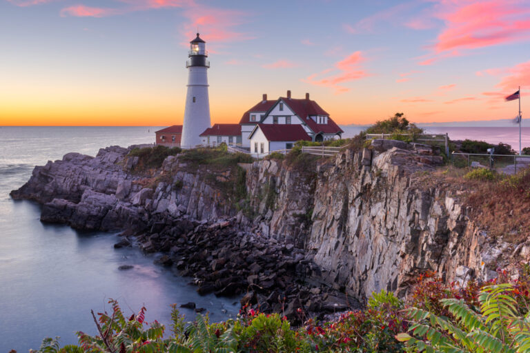 Portland Head Light in Maine at sunset, coastal travel destination