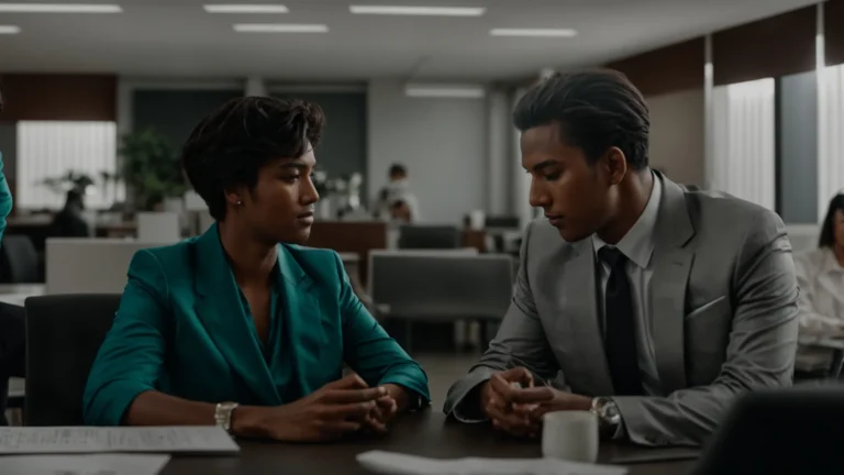 two people are sitting across from each other at a table with a mediator in a professional office setting.